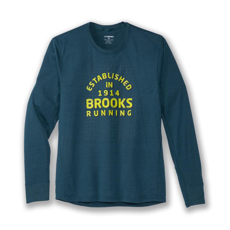 Brooks Distance Graphic Long Sleeve Running Shirt - Men's - Heather Alpine/Running/CadetBlue (43916-